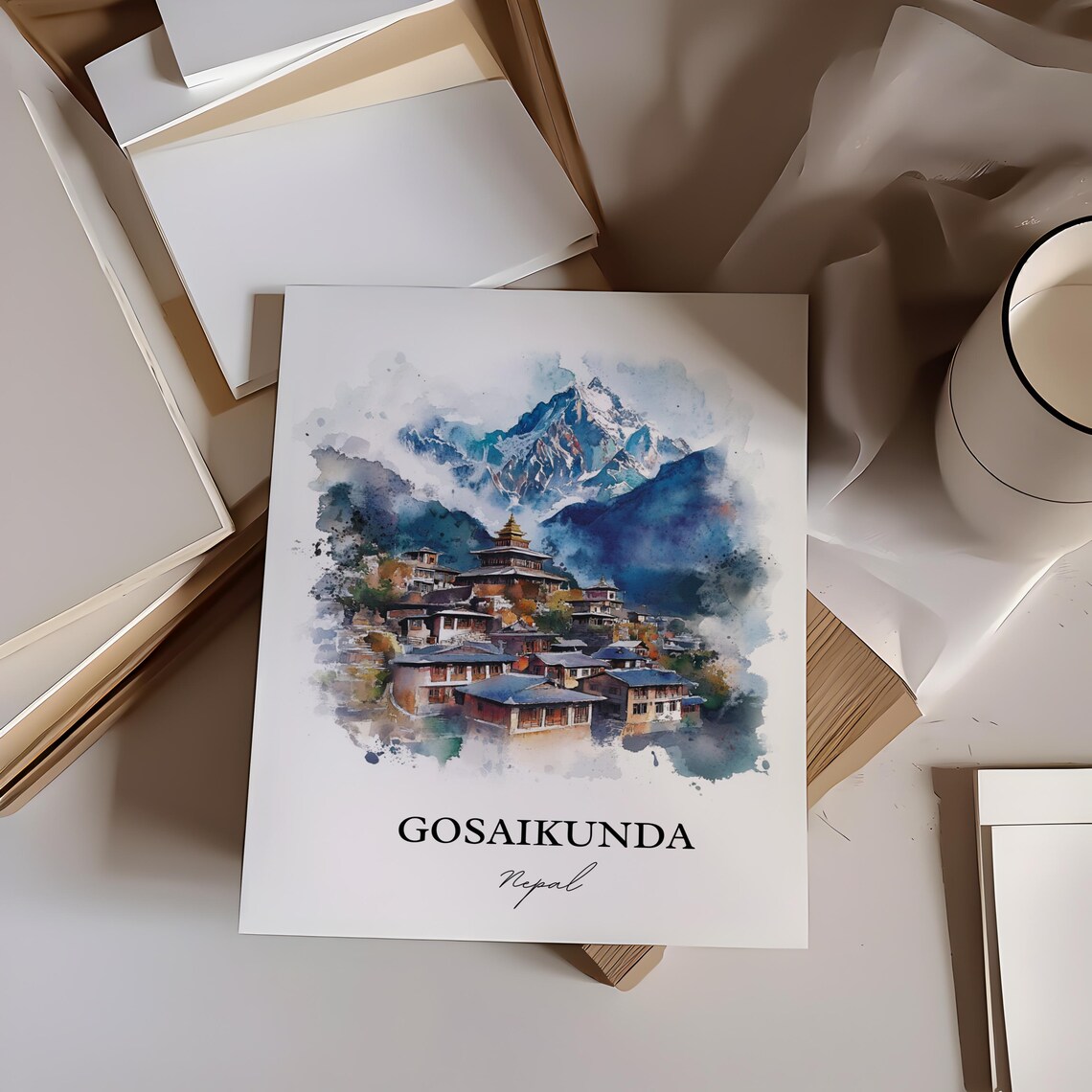 Gosaikunda Nepal Watercolor Snow Peak Mountain Village Travel Poster - Image 6