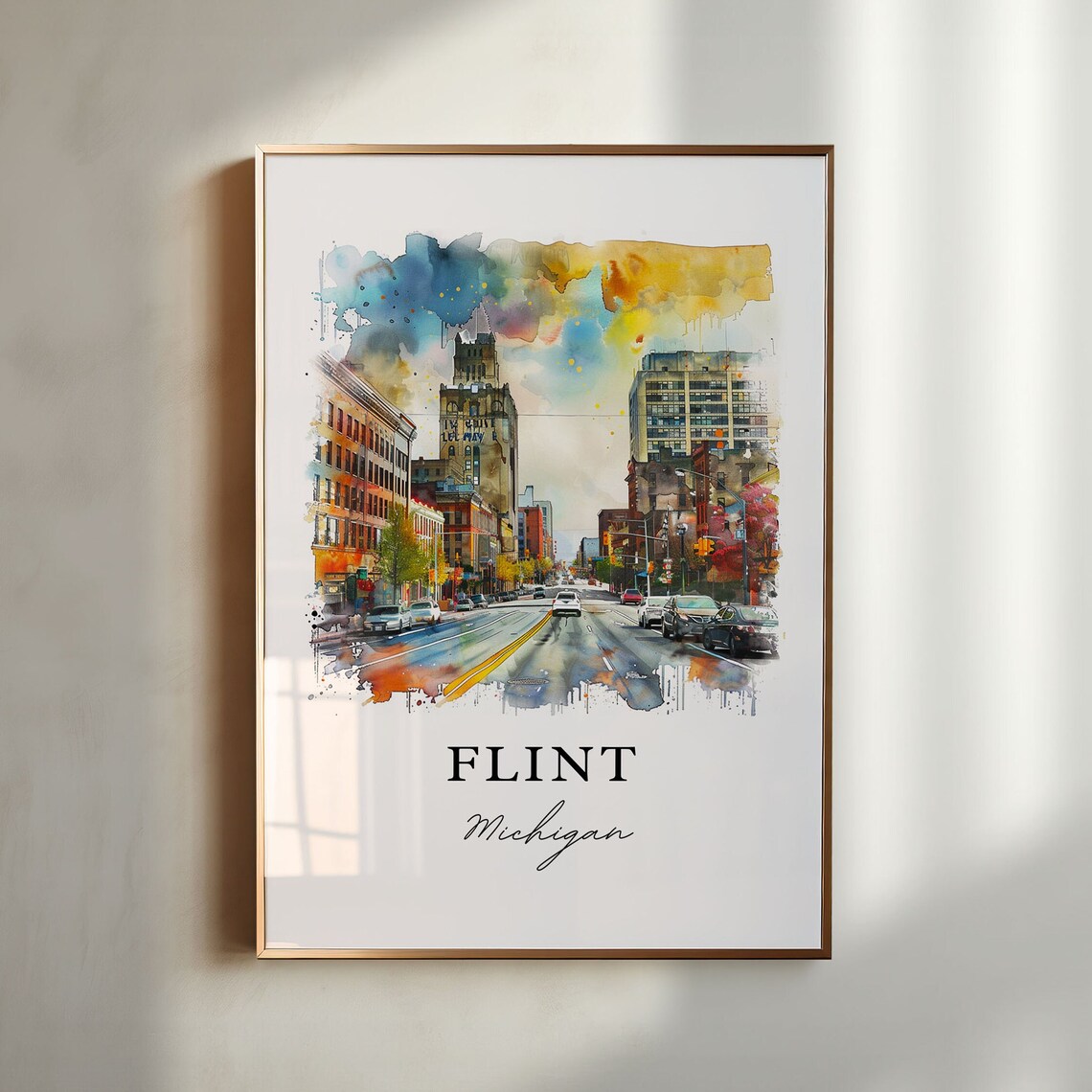 Flint Michigan Downtown Street Scene Watercolor Travel Poster
