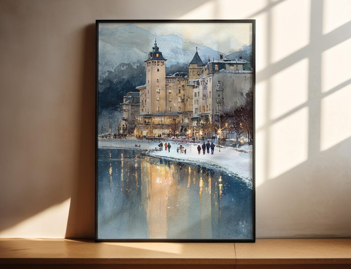 Snowy Alpine Lakeside Town Winter Evening Watercolor Art Poster