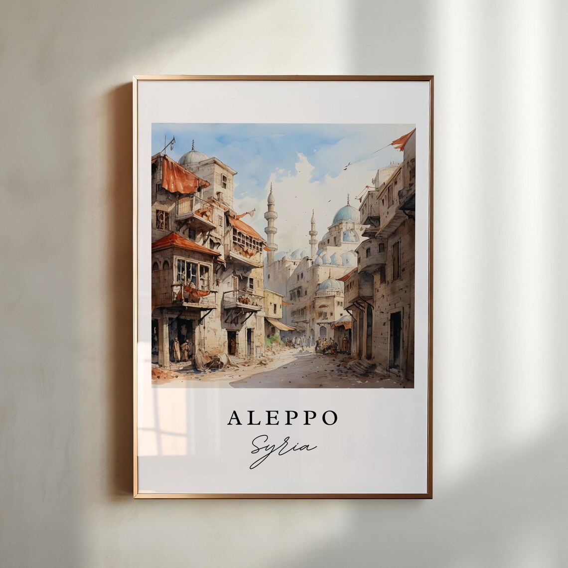 Aleppo Syria Old City Stone Street Watercolor Historic Travel Poster