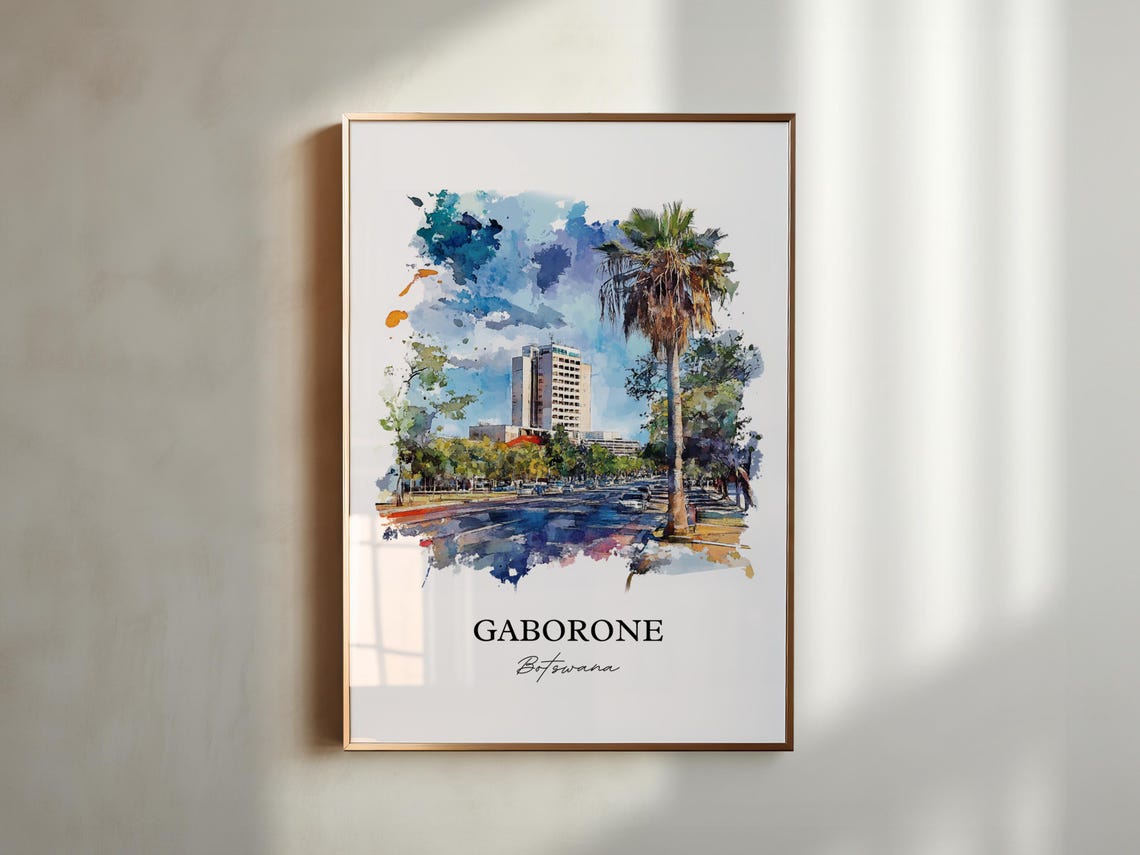 Gaborone Botswana Palm Avenue City View Watercolor Travel Poster - Image 5