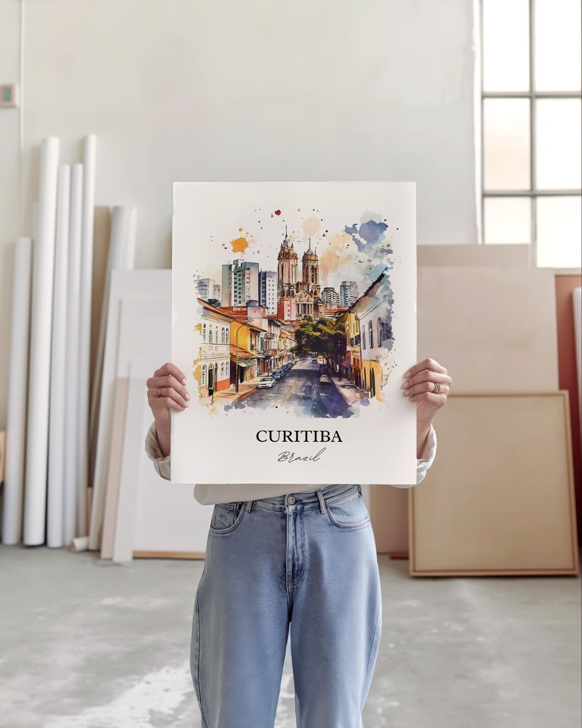 Curitiba Brazil Watercolor Twin Spire Cathedral Street Poster - Image 3