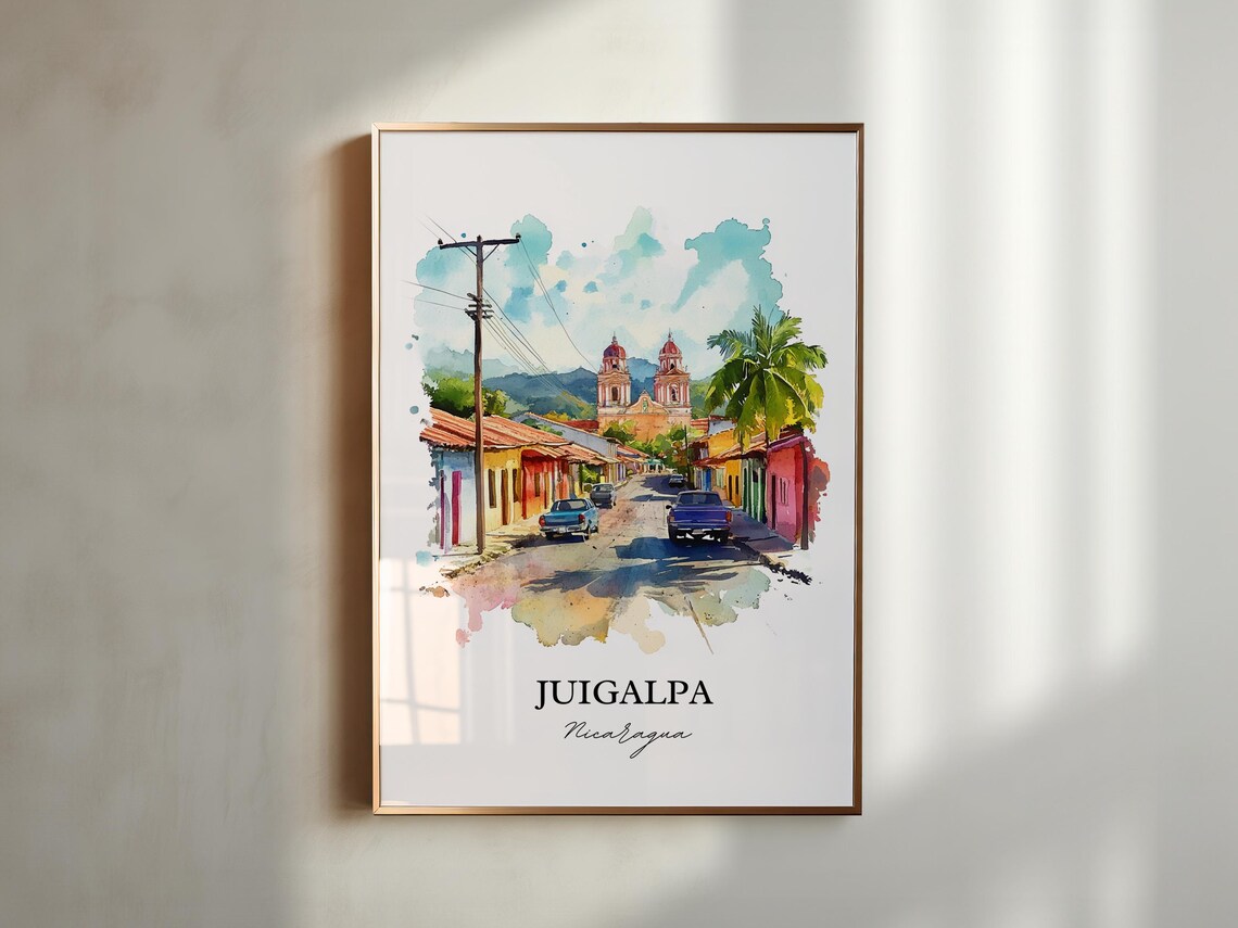Juigalpa Nicaragua Colorful Street Twin Tower Church Watercolor Poster - Image 4