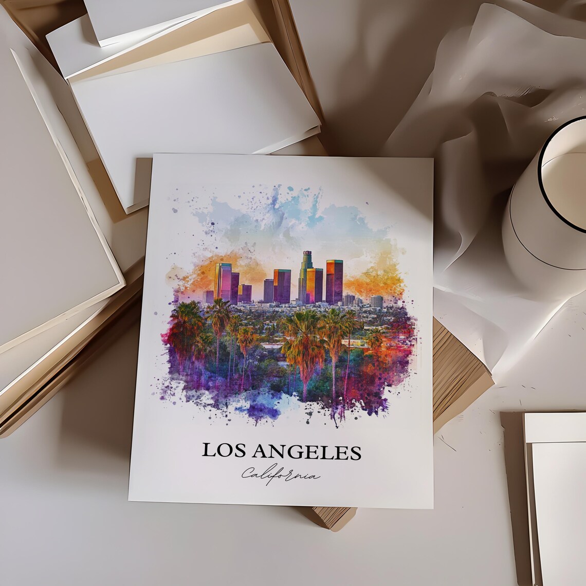 Los Angeles California Downtown Skyline Palms Watercolor Art Poster - Image 4