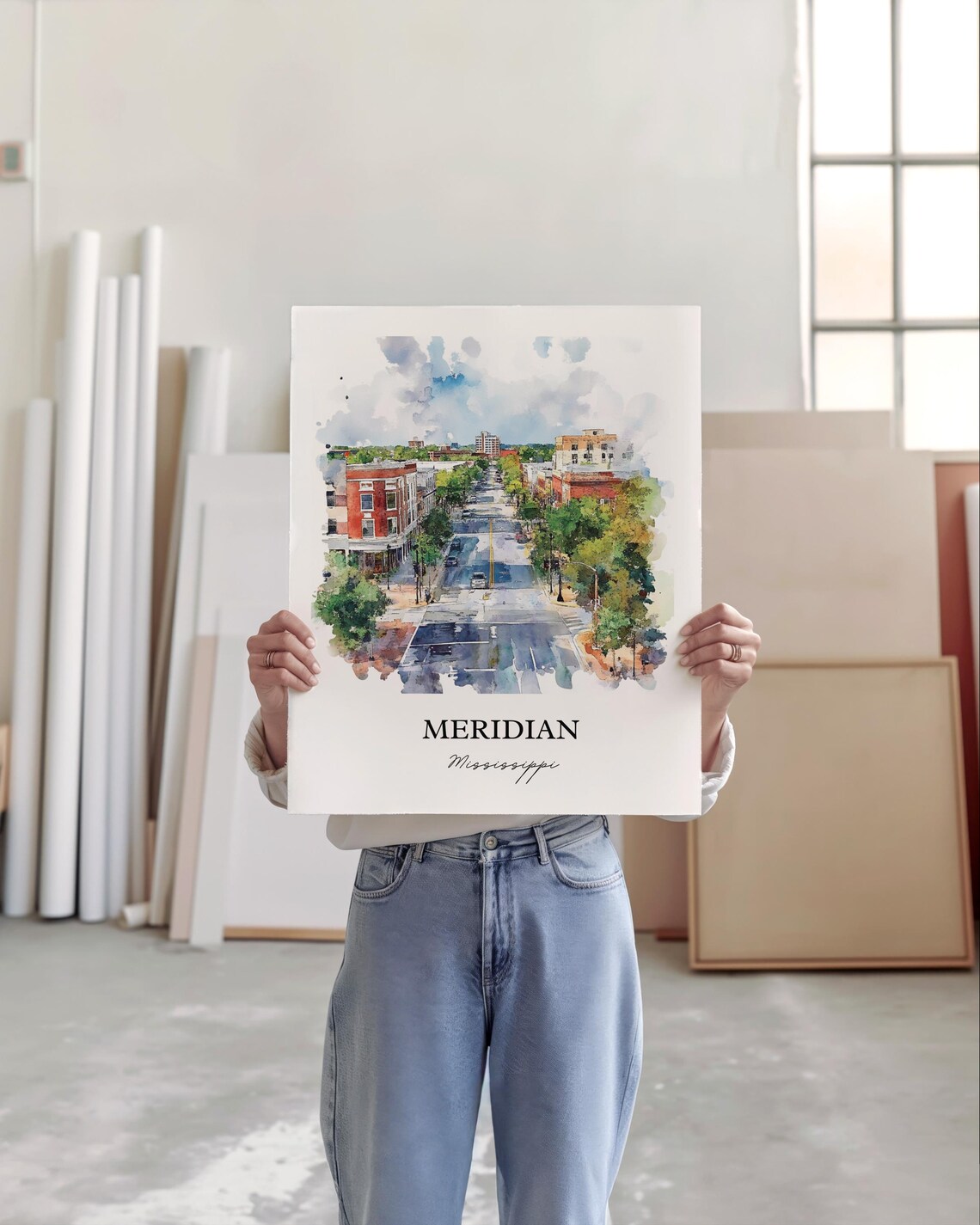Meridian Mississippi Brick Downtown Watercolor City Travel Poster - Image 3