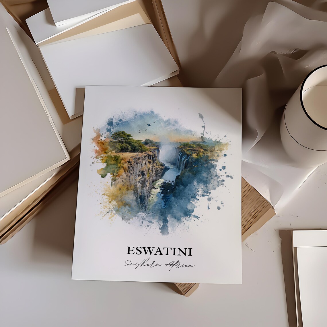 Eswatini Southern Africa Waterfall Gorge Watercolor Travel Poster - Image 3