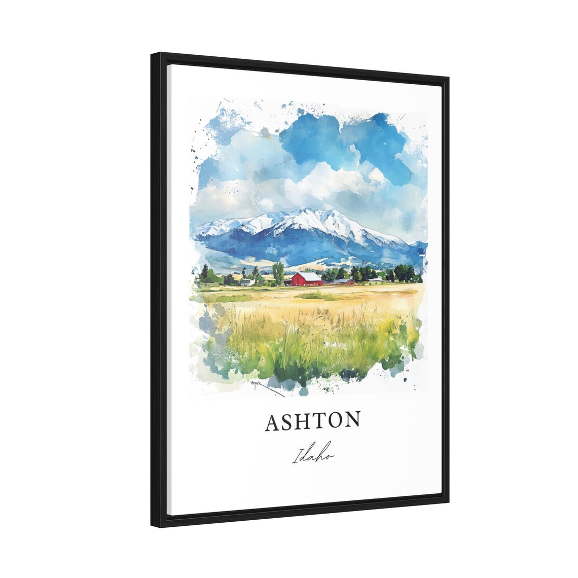 Ashton Idaho Classic Red Barn Snowy Mountain Farm Watercolor Poster - Image 2