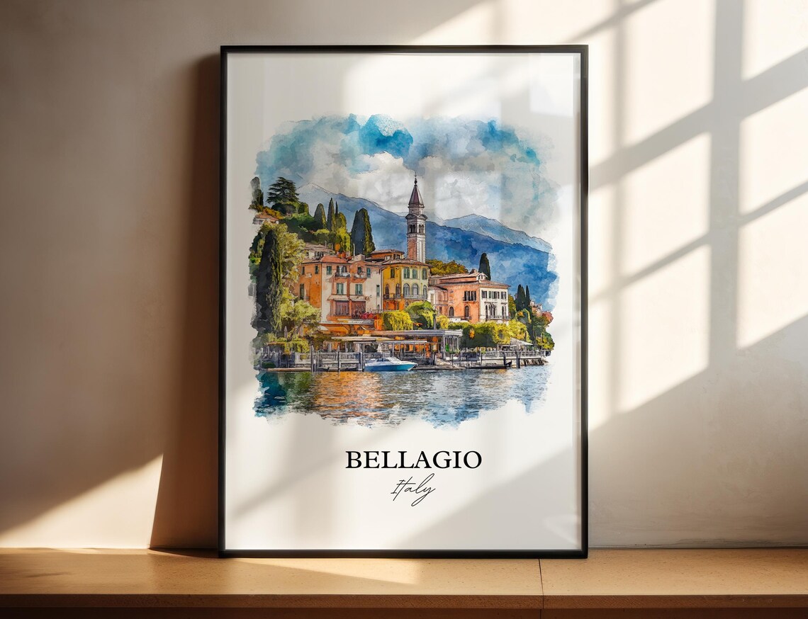 Bellagio Italy Lake Como Waterfront Village Watercolor Travel Poster