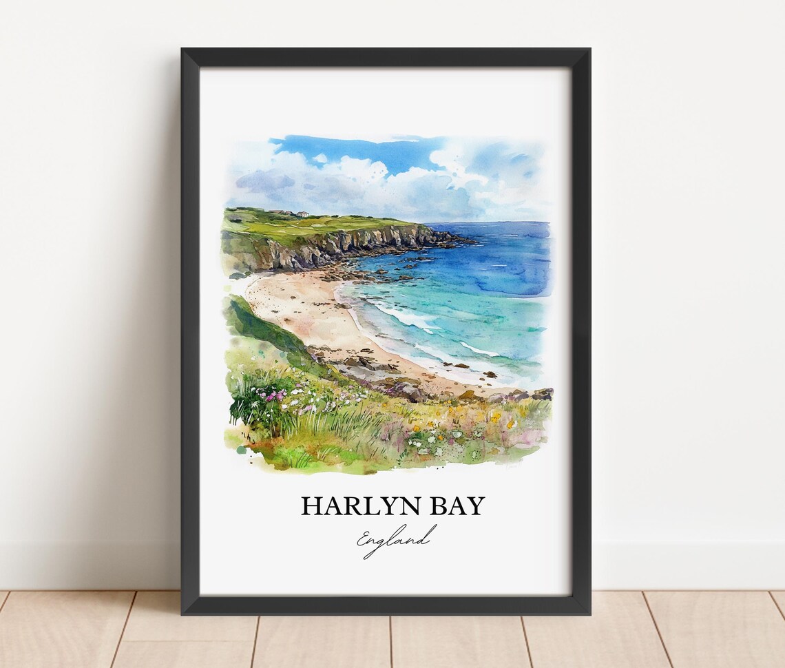 Harlyn Bay England Watercolor Beach Cliffs Turquoise Sea Coast Poster - Image 2