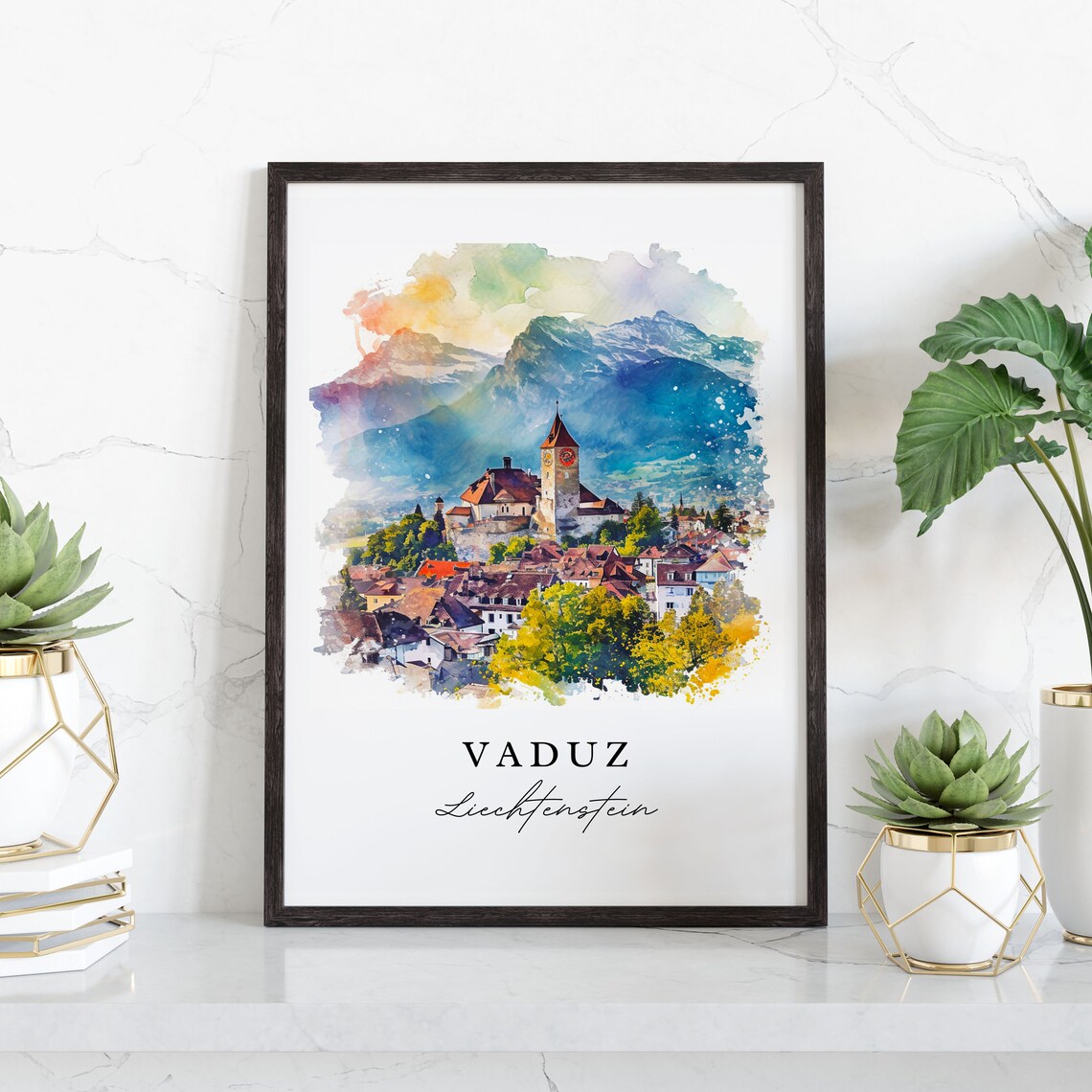 Vaduz Liechtenstein Alpine Castle Town Watercolor Travel Poster - Image 3