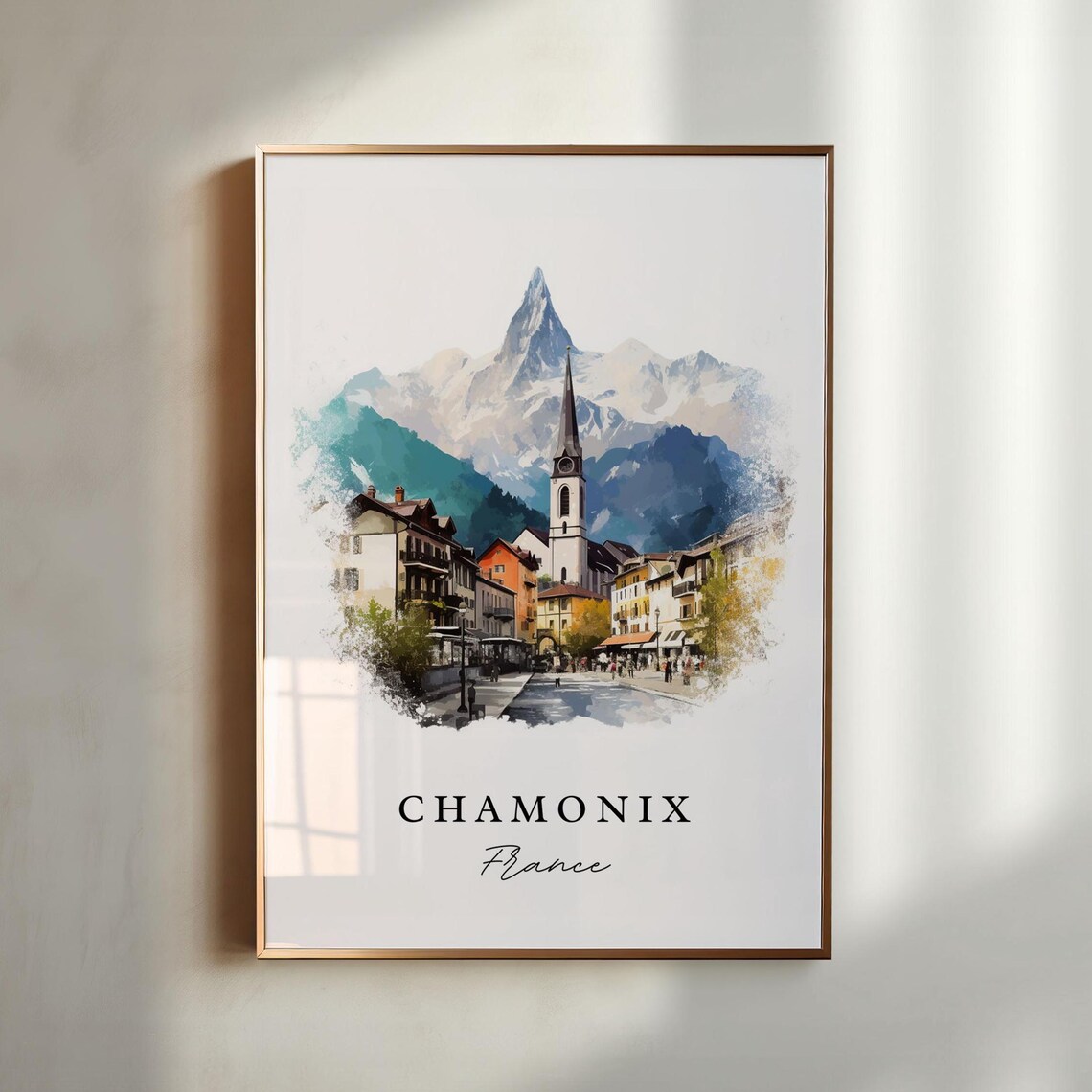 Chamonix France Alpine Street Mountain Watercolor Travel Poster