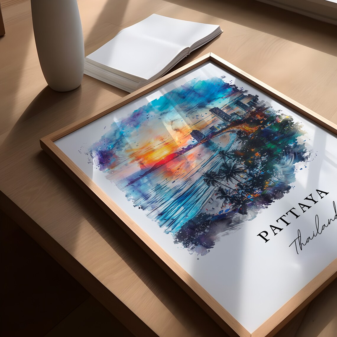 Pattaya Thailand Beach Sunset Watercolor Cityscape Skyline Poster - Image 5