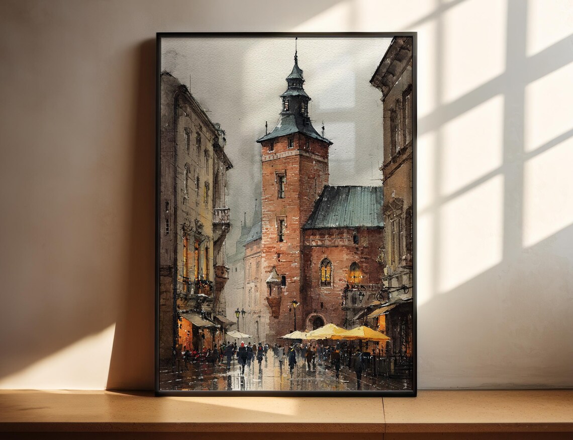 European Old Town Brick Tower Watercolor Street Scene Art Poster