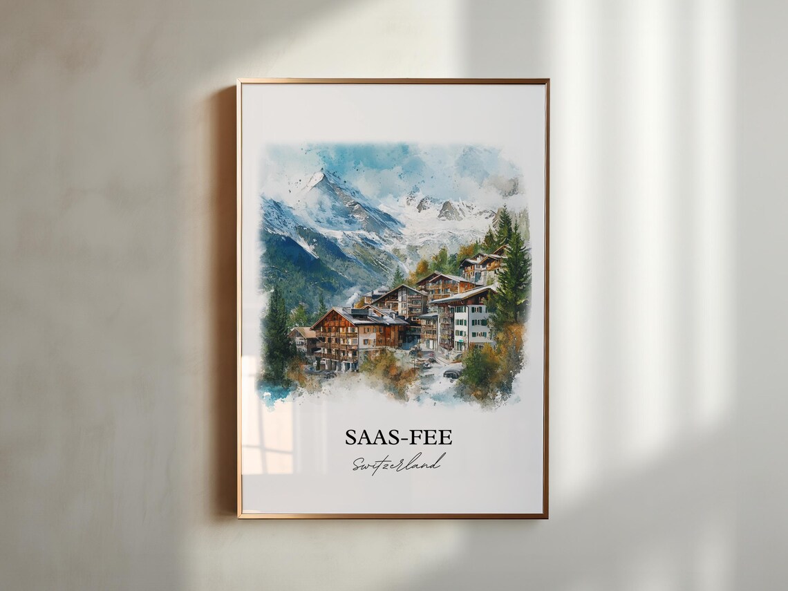 Saas-Fee Switzerland Alpine Village Watercolor Mountain Travel Poster - Image 3