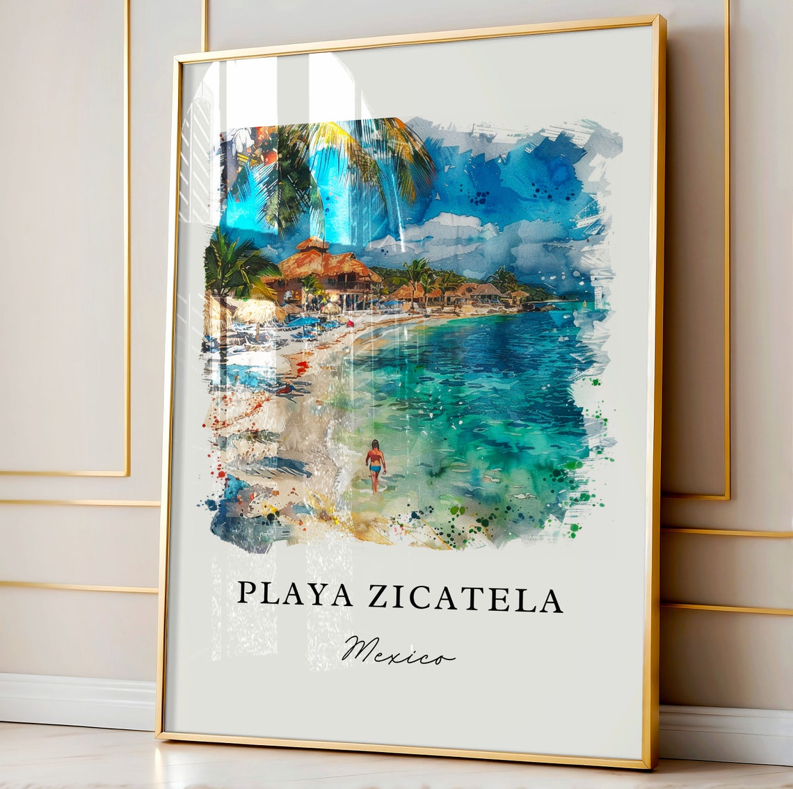 Playa Zicatela Mexico Watercolor Surf Beach Palapas Turquoise Poster - Image 3