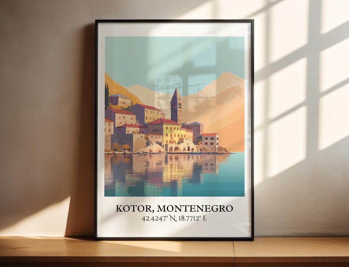 Kotor Montenegro Bay Old Town Church Tower Retro Travel Poster
