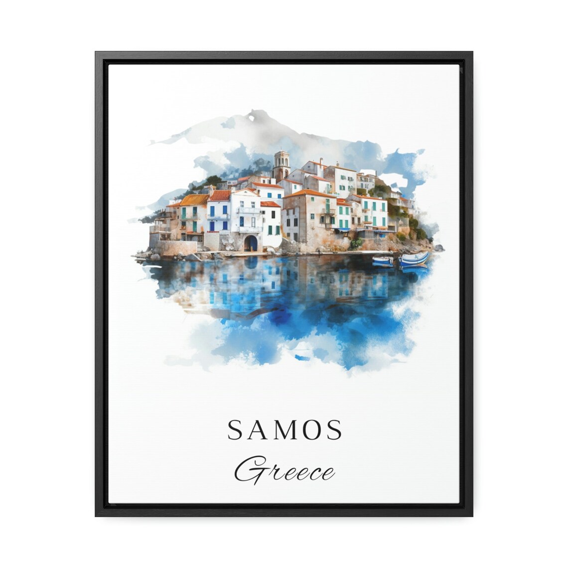 Samos Greece Harbor Town Reflection Watercolor Island Travel Poster - Image 2