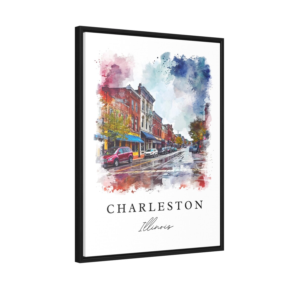 Charleston Illinois Watercolor Brick Street Downtown View Poster - Image 2