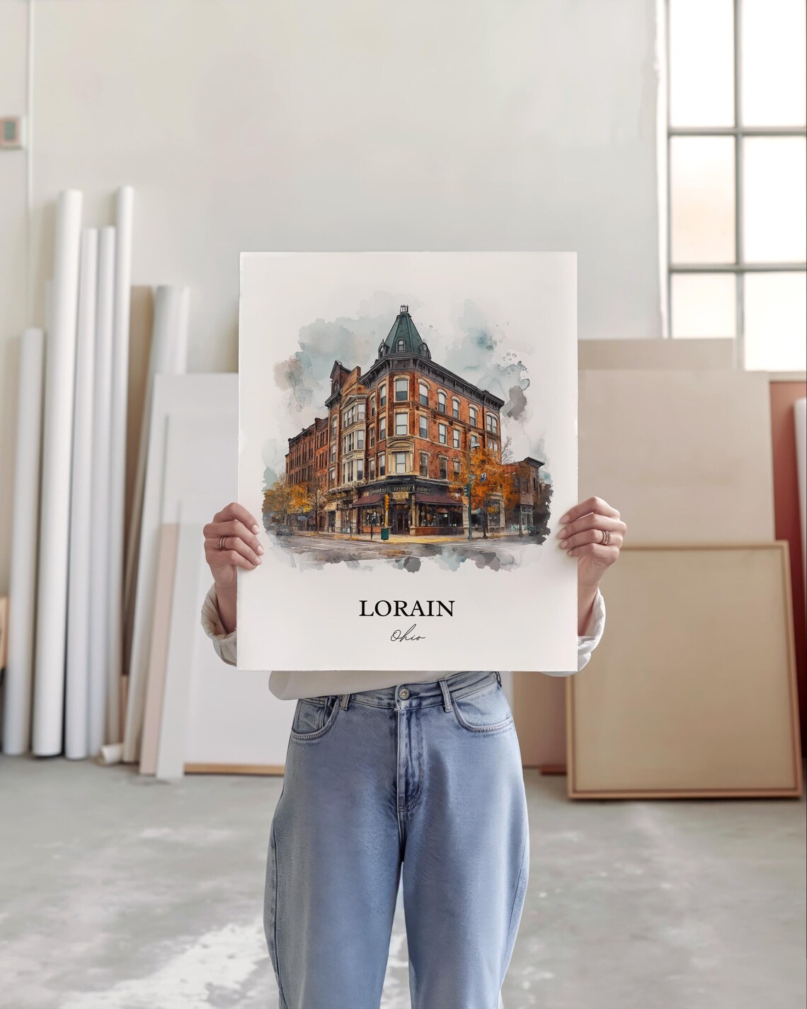 Lorain Ohio Watercolor Historic Brick Corner Building Poster - Image 2