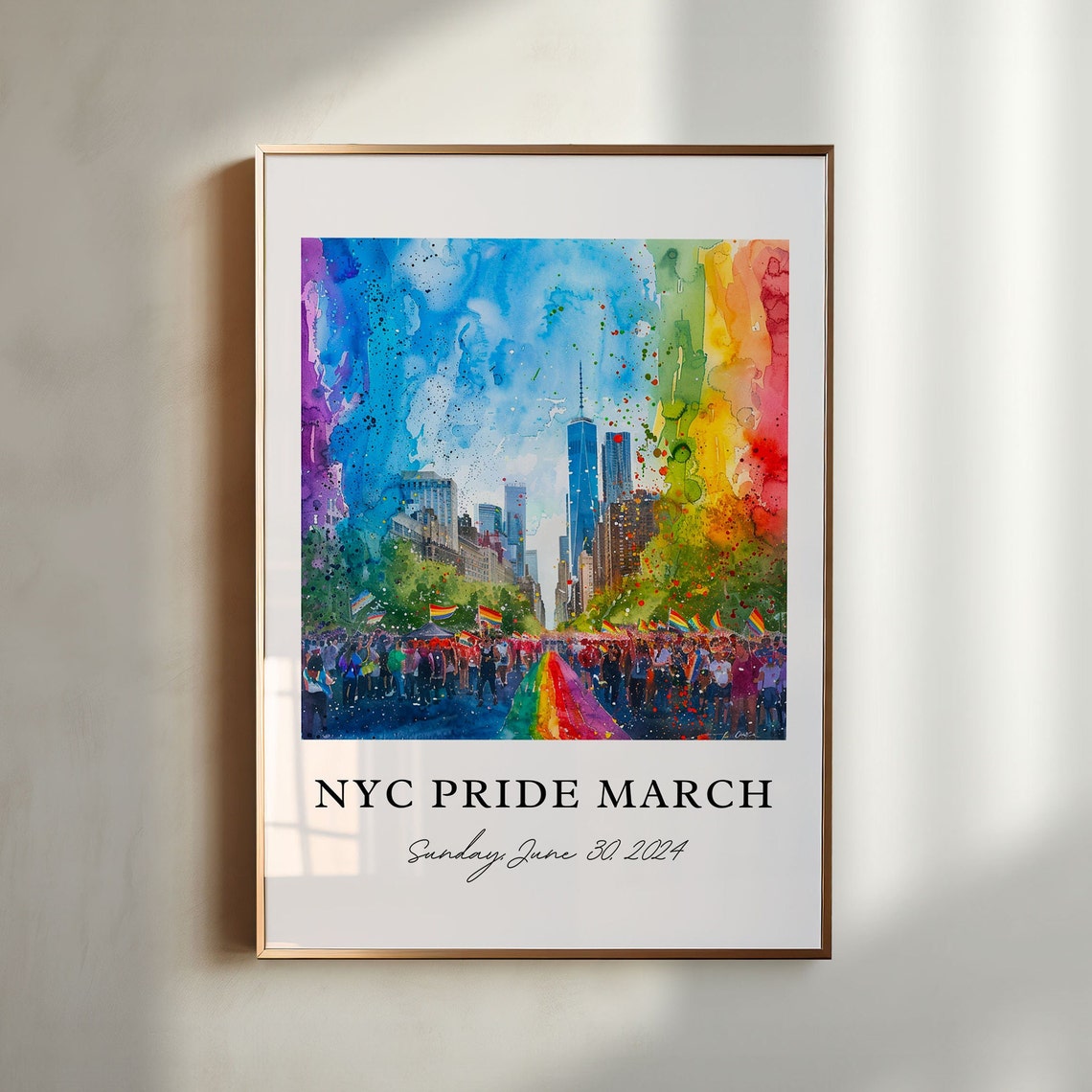 NYC Pride March 2024 Rainbow Parade Watercolor Manhattan Crowd Poster