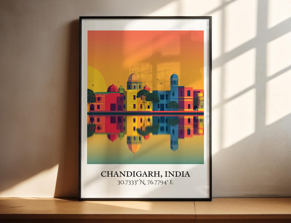 Chandigarh India Sunset Domes Water Reflection Retro Travel Poster