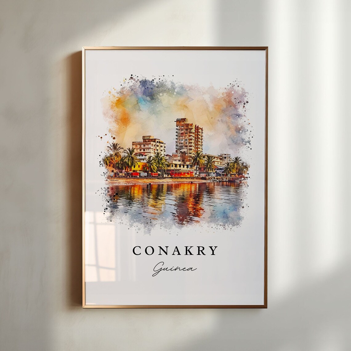 Conakry Guinea Waterfront Cityscape Watercolor Travel Poster