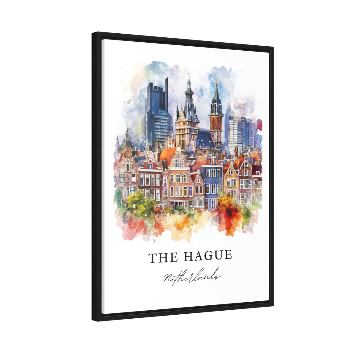 The Hague Netherlands Watercolor Colorful Canal Houses Towers Poster - Image 2
