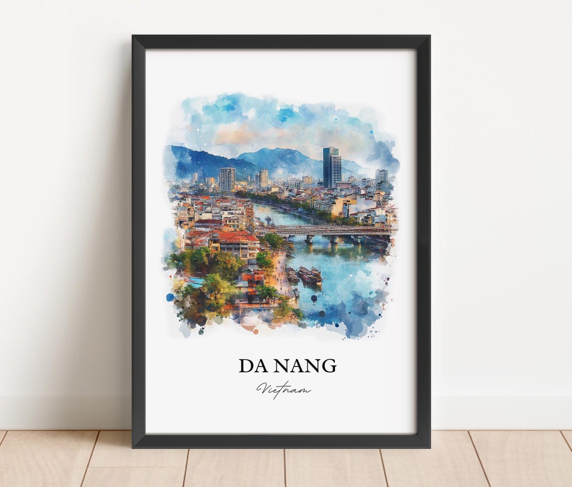 Da Nang Vietnam River City Bridge Scene Watercolor Travel Poster - Image 3