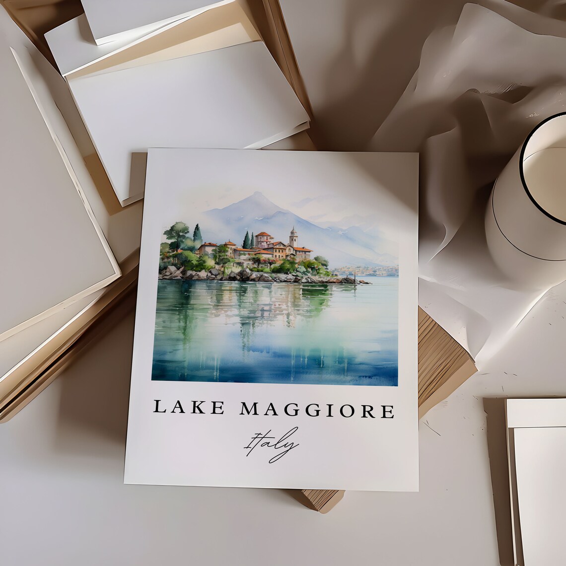 Lake Maggiore Italy Island Village Misty Watercolor Travel Poster - Image 6