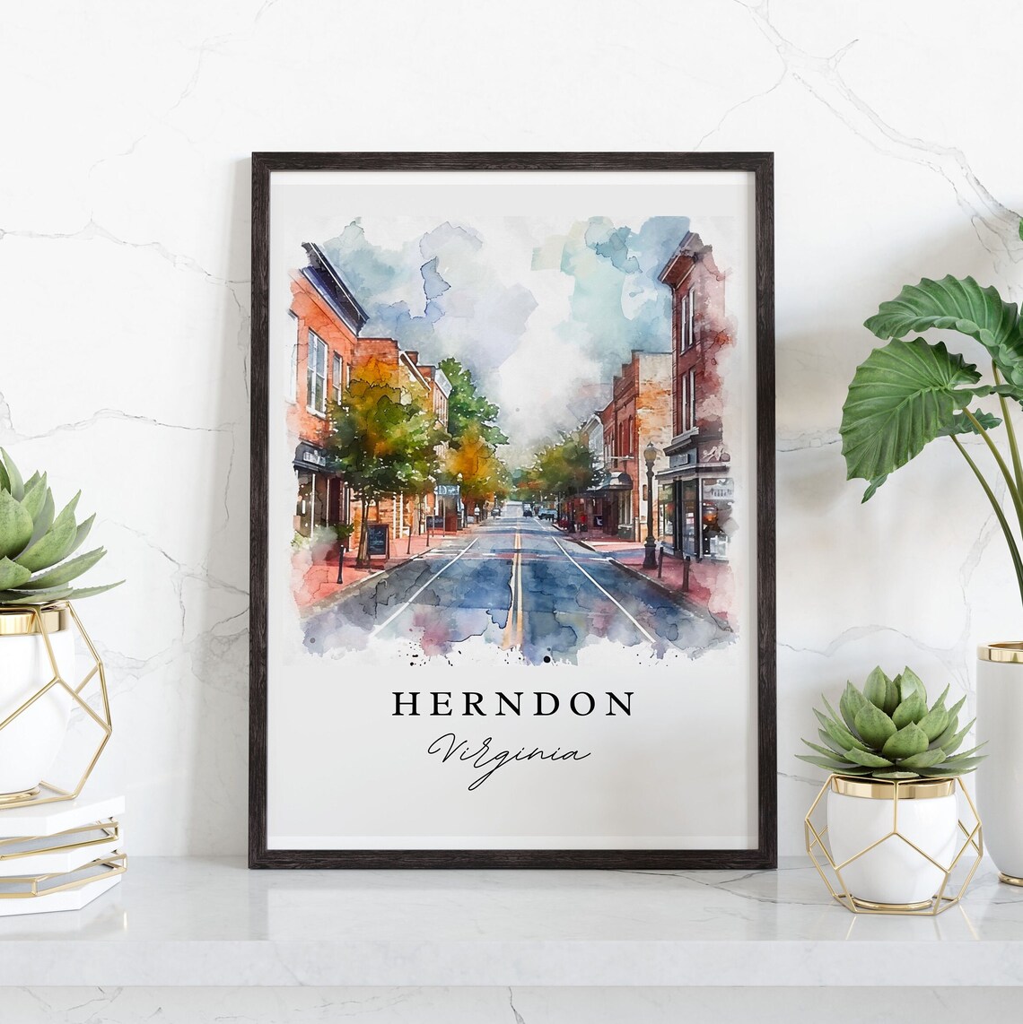 Herndon Virginia Historic Brick Downtown Street Watercolor Poster