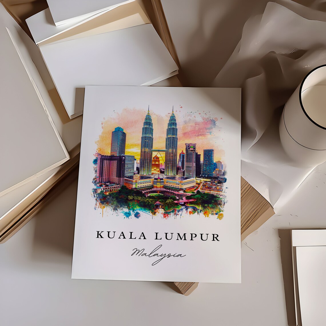 Kuala Lumpur Malaysia Watercolor Petronas Towers Sunset Poster - Image 6