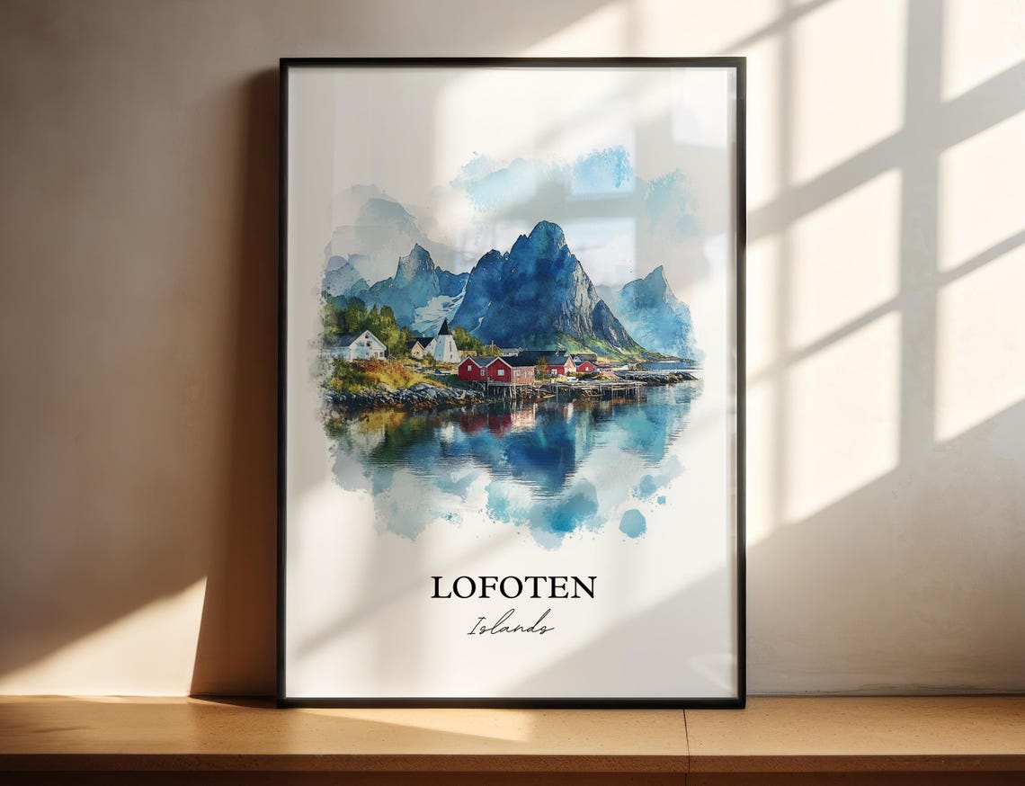 Lofoten Islands Norway Watercolor Red Cabins Scenic View Poster