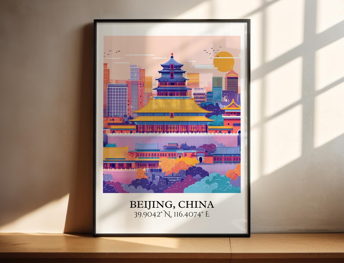 Beijing China Forbidden City Pagoda Skyline Retro Travel Art Poster