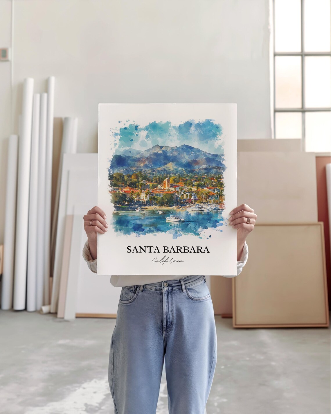 Santa Barbara California Watercolor Harbor Mountain Scene Poster - Image 3