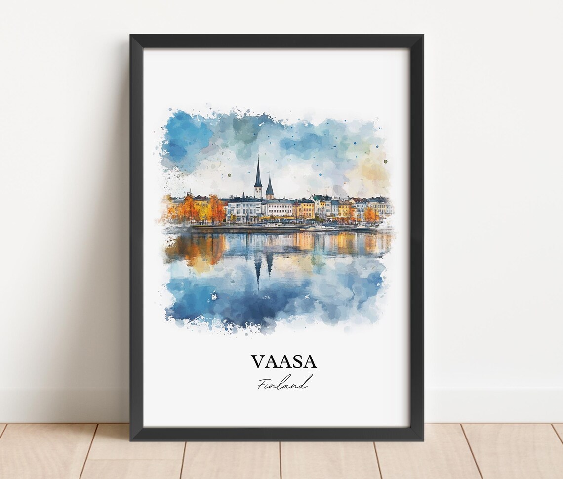 Vaasa Finland Waterfront City Watercolor Reflection Skyline Art Poster - Image 5