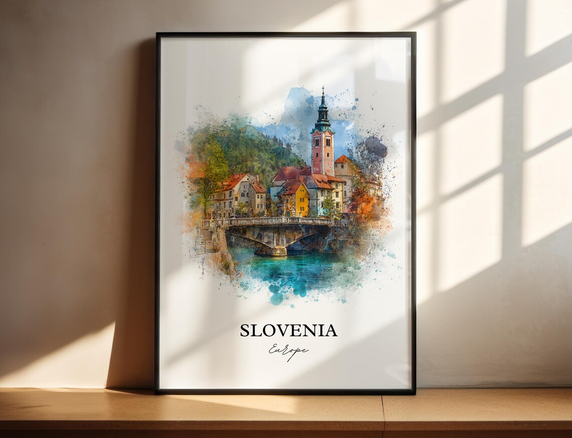 Slovenia Europe Riverside Church Tower Watercolor Travel Poster