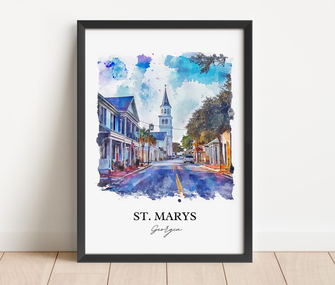 St Marys Georgia Steeple Main Street Watercolor Travel Gift Poster - Image 2