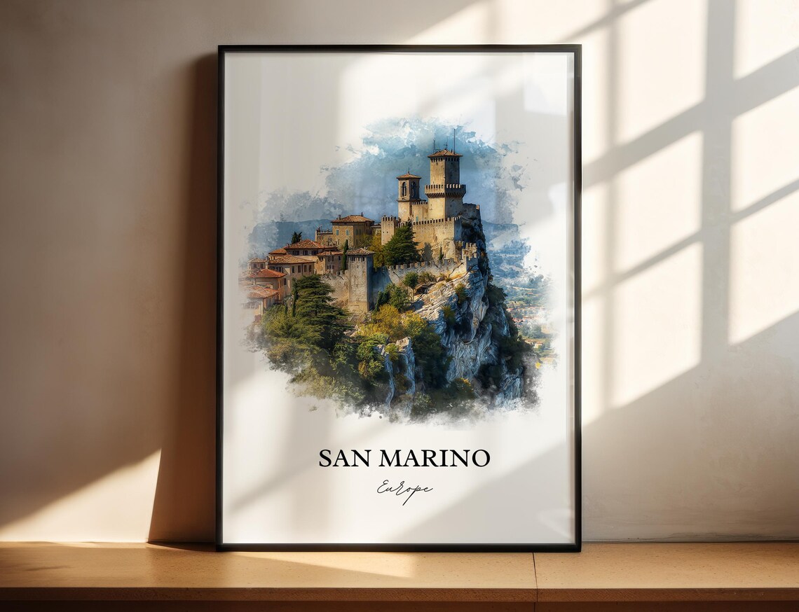 San Marino Europe Cliff Fortress Tower Watercolor Travel Poster