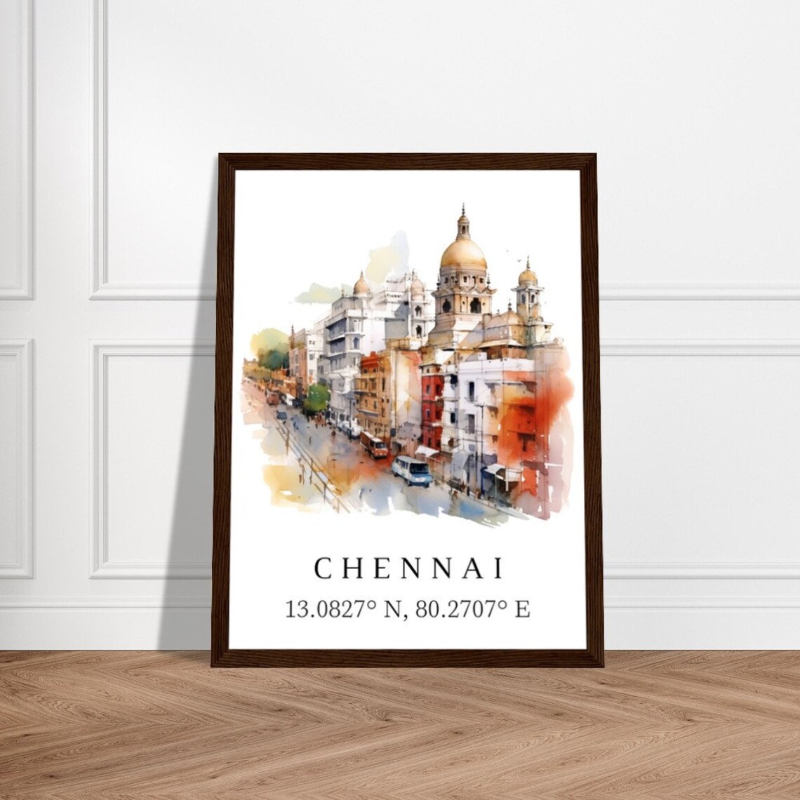 Chennai India Watercolor Domed City Street Coordinates Map Poster