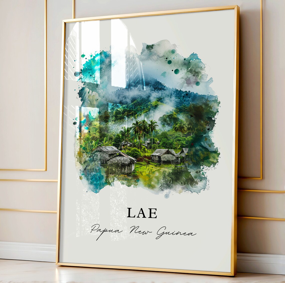 Lae Papua New Guinea Misty Jungle Village Watercolor Art Travel Poster - Image 4