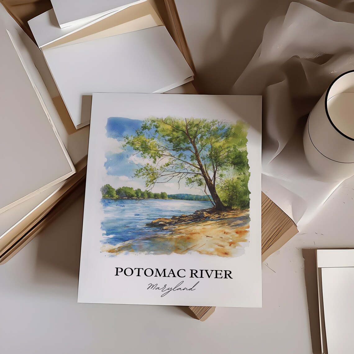Potomac River Maryland Riverside Tree Watercolor Nature Poster - Image 2