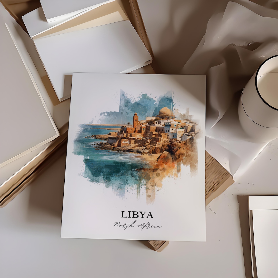 Libya North Africa Coastal Medina Mosque Watercolor Travel Poster - Image 4