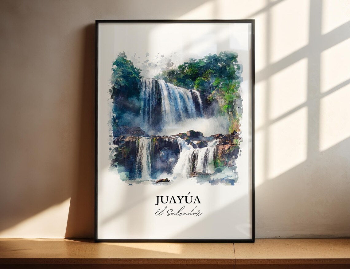 Juayua El Salvador Waterfall Jungle Cascades Watercolor Travel Poster