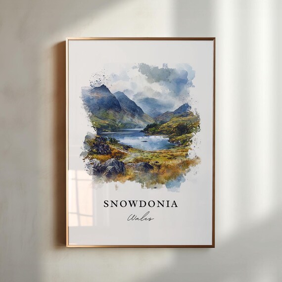 Snowdonia Wales Mountain Lake Watercolor National Park Poster