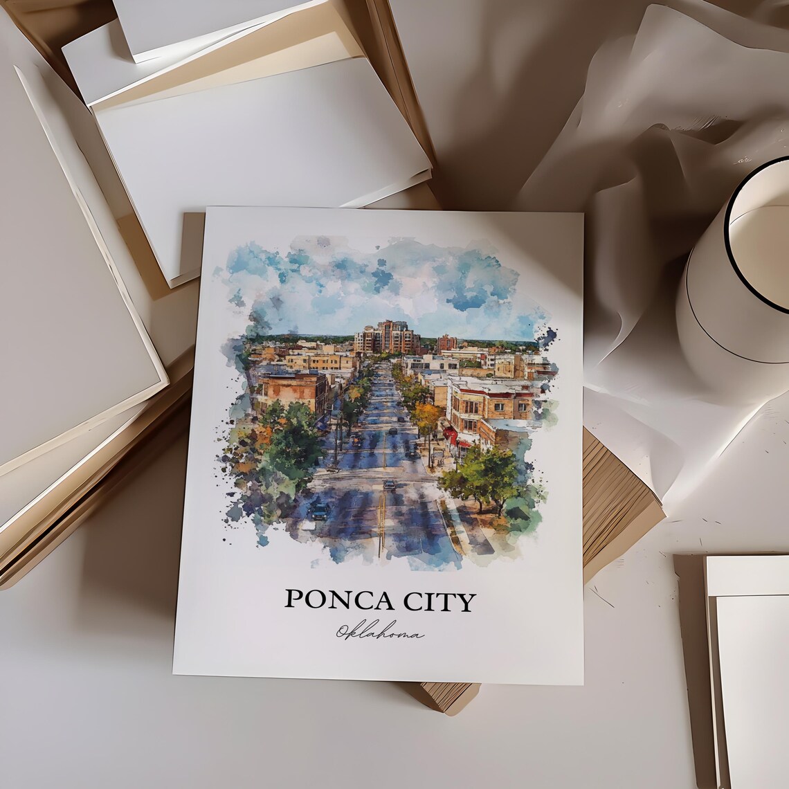 Ponca City Oklahoma City Street Watercolor Skyline Art Poster - Image 3