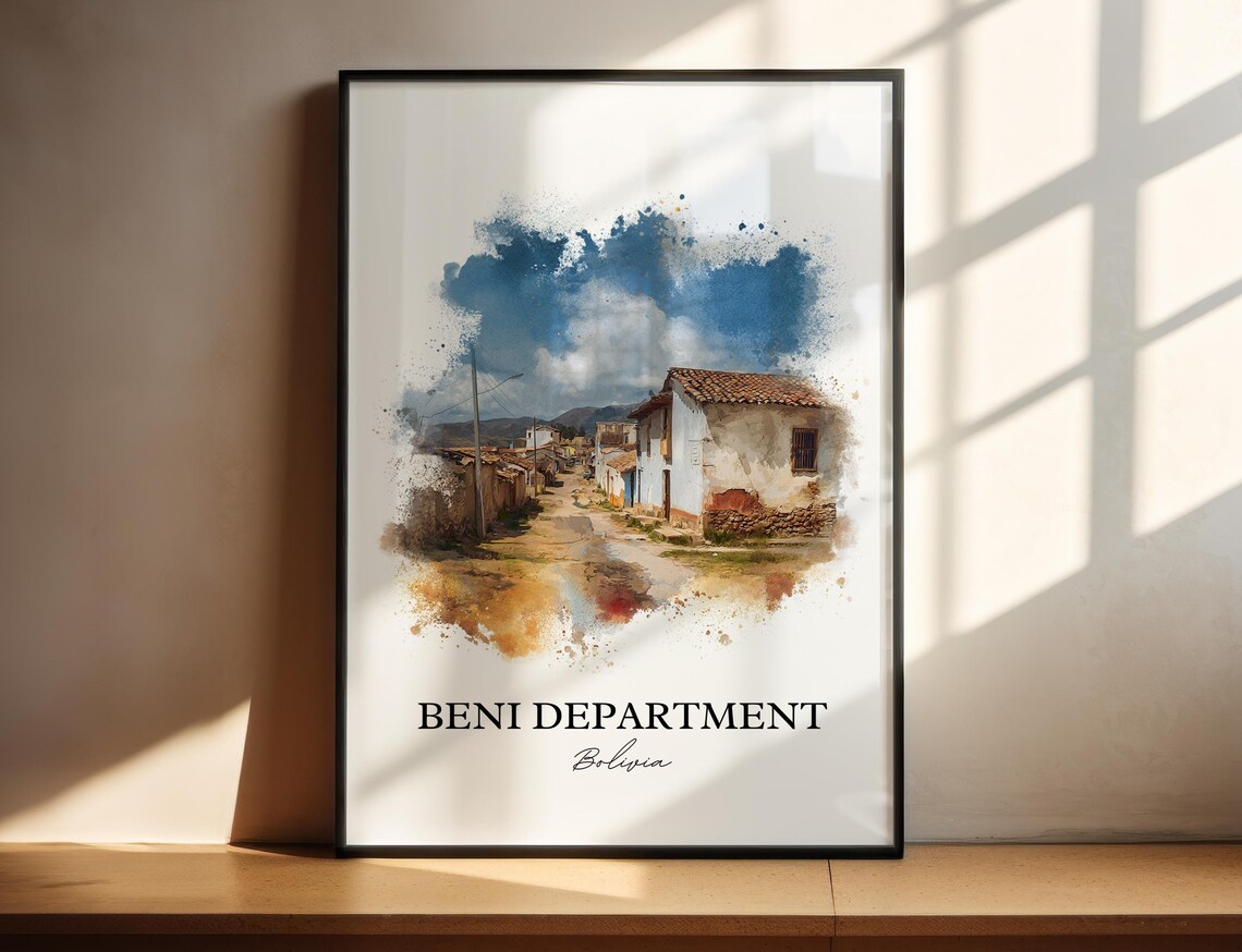 Beni Department Bolivia Village Street Watercolor Travel Poster