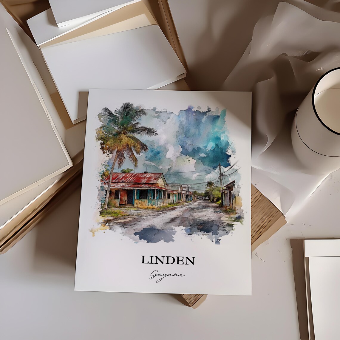 Linden Guyana Watercolor Tropical Street Palm Houses Scene Poster - Image 3