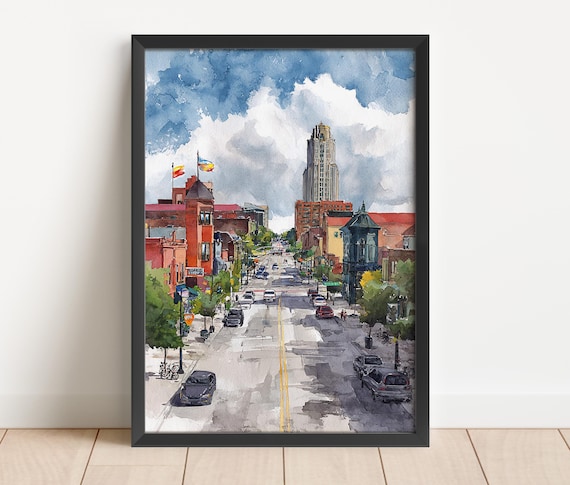 Lincoln Ne Watercolor Art Travel Print Nebraska Artwork Decor Skyline Wall