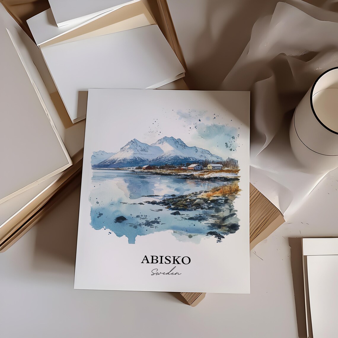 Abisko Sweden Snowy Lake Mountain Watercolor Arctic Winter Poster - Image 4
