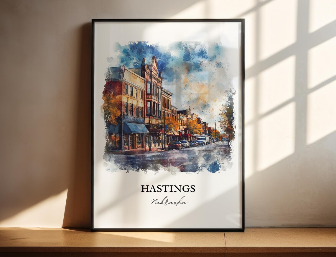 Hastings Nebraska Historic Downtown Street Watercolor Poster